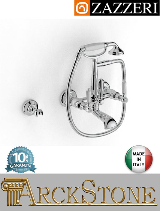 Miscelatore gruppo vasca marca Zazzeri modello 803 finitura ottone cromato vitone ceramico 90° leva ceramica bianca doccetta flessibile parete rubinetto rubinetteria "Victoria" fontana mix acqua casa attacco esterno garanzia 10 anni made in italy