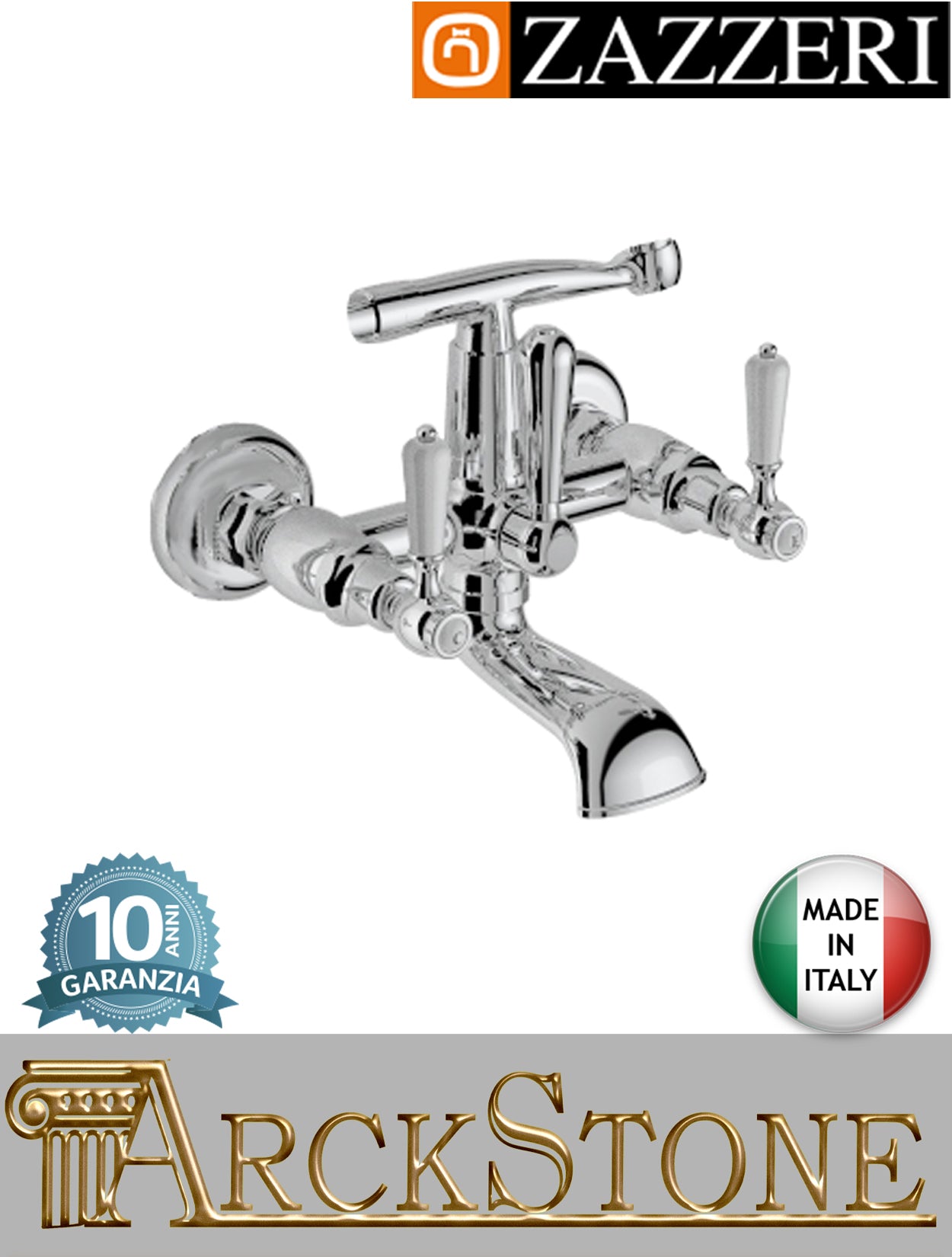 Miscelatore gruppo vasca marca Zazzeri modello 803 finitura ottone cromato vitone ceramico 90° leva ceramica bianca senza doccetta flessibile parete rubinetto rubinetteria "Victoria" fontana mix acqua casa esterno garanzia 10 anni made in italy