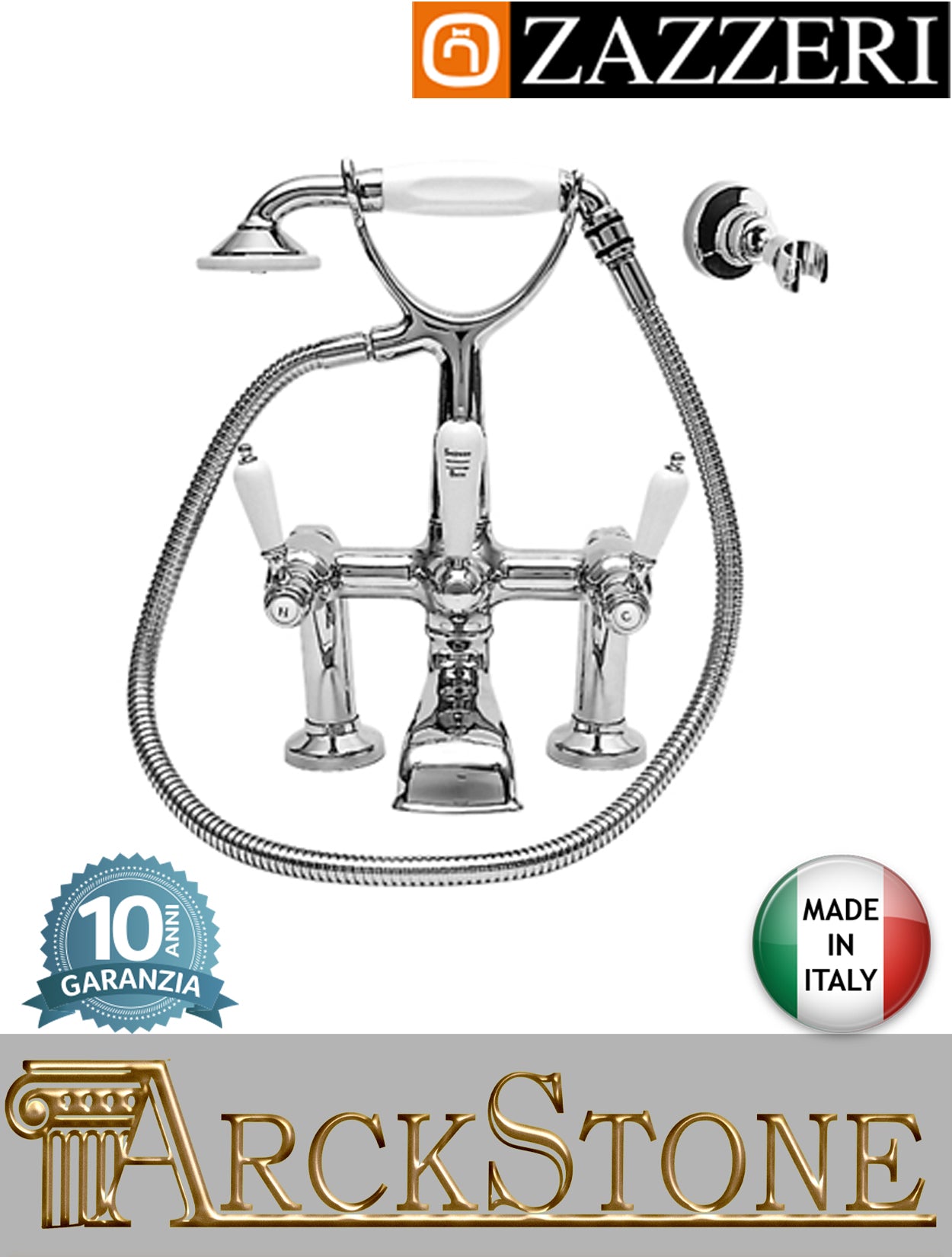 Miscelatore gruppo vasca piano marca Zazzeri modello 803 finitura ottone cromato vitone ceramico 90° leva ceramica bianca appoggio doccetta flessibile parete rubinetto rubinetteria "Victoria" fontana mix attacco muro esterno garanzia made in italy
