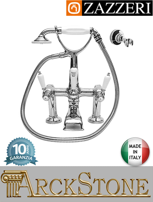Miscelatore gruppo vasca piano marca Zazzeri modello 803 finitura ottone cromato vitone ceramico 90° leva ceramica bianca appoggio doccetta flessibile parete rubinetto rubinetteria "Victoria" fontana mix attacco muro esterno garanzia made in italy