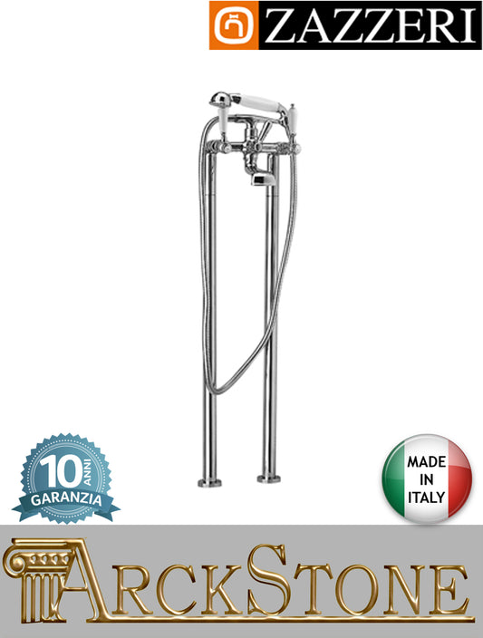 Miscelatore vasca marca Zazzeri modello 803 finitura ottone cromato pavimento tubi doccetta flessibile attacco supporto terra vitone ceramico 90° leva ceramica bianca rubinetto rubinetteria fontana mix acqua garanzia 10 anni qualità made in italy