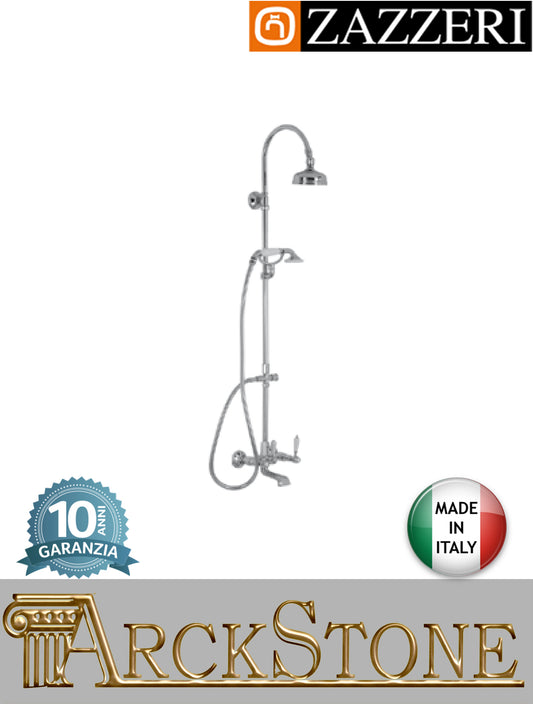 Colonna doccia vasca marca Zazzeri modello 803 finitura ottone cromato parete soffione Ø120 mm doccetta flessibile vitone ceramico 90° rubinetto rubinetteria fontana supporto garanzia 10 anni qualità made in italy