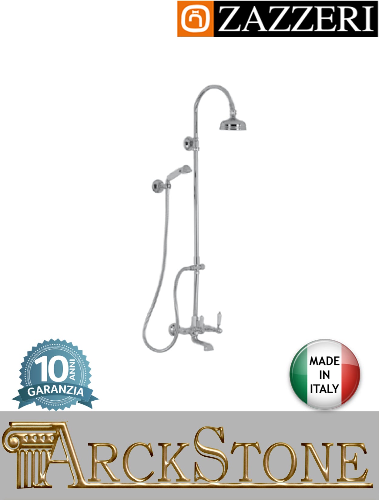 Colonna doccia vasca marca Zazzeri modello 803 finitura ottone cromato parete soffione Ø120 mm leva ceramica bianca doccetta flessibile vitone ceramico 90° rubinetto mix rubinetteria fontana supporto garanzia 10 anni qualità made in italy