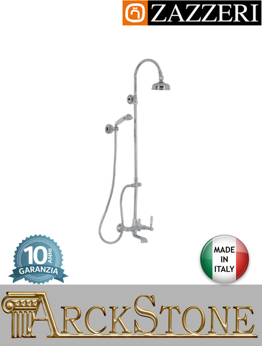 Colonna doccia vasca marca Zazzeri modello 803 finitura ottone cromato parete soffione Ø120 mm leva ceramica bianca doccetta flessibile vitone ceramico 90° rubinetto mix rubinetteria fontana supporto garanzia 10 anni qualità made in italy
