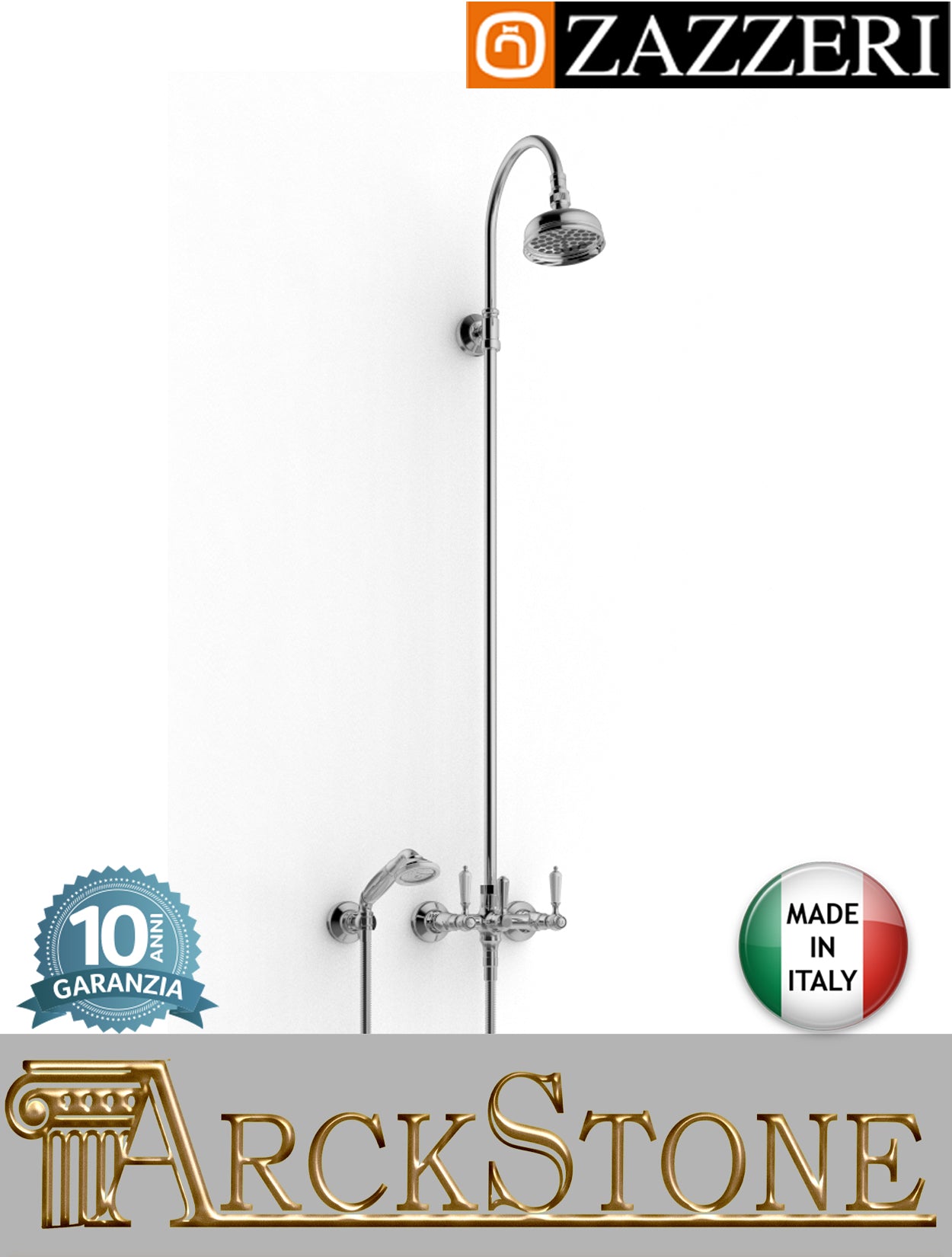 Colonna doccia marca Zazzeri modello 803 finitura ottone cromato soffione tondo Ø120 mm doccetta supporto flessibile attacco vitone ceramico 90° esterno parete rubinetto rubinetteria muro mix fontana garanzia 10 anni qualità made in italy
