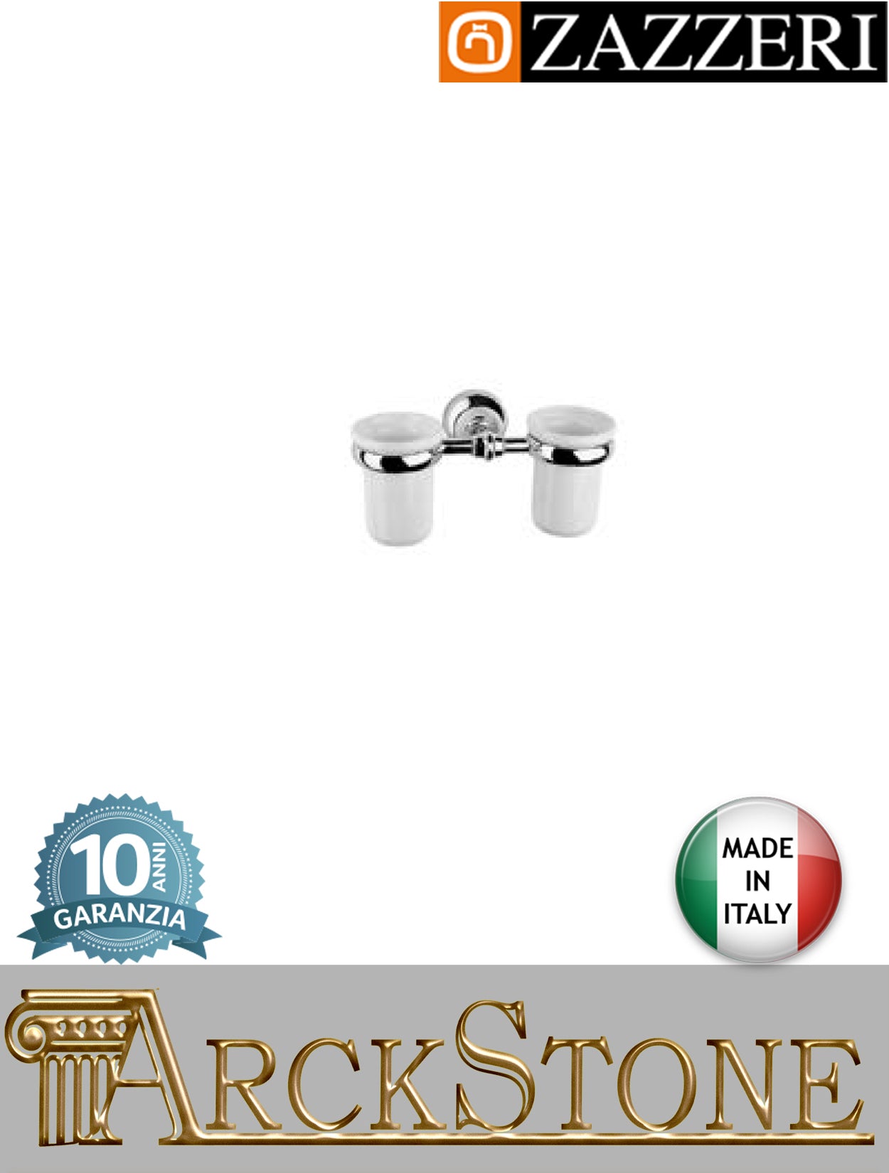 Porta spazzolino doppio marca Zazzeri modello 800 finitura cromata parete bicchiere ceramico mm H110 L350 P140 muro arredamento arredo bagno accessori azienda certificata autorizzato acqua garanzia 10 anni qualità made in italy