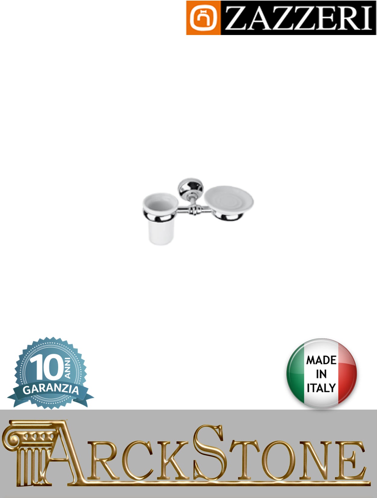 Porta sapone e spazzolino marca Zazzeri modello 800 finitura cromato vaschetta bicchiere ceramica mm H110 L400 P150 muro arredamento arredo bagno accessori azienda certificata garanzia 10 anni qualità made in italy 