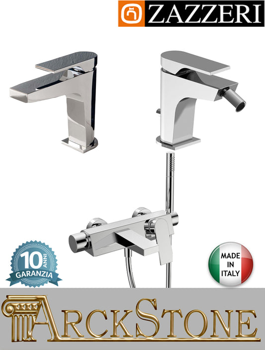 Rubinetteria bagno completa marca Zazzeri modello 100 finitura ottone cromato miscelatore lavabo bidet vasca appoggio monoforo parete esterno rubinetto arredo muro mix fontana acqua doccetta mano flessibile piletta scarico garanzia 10 anni
