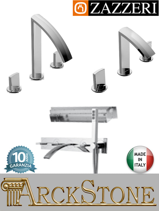 Rubinetteria bagno completa marca Zazzeri modello Moon finitura ottone cromato miscelatore lavabo bidet vasca appoggio tre 3 fori parete incasso rubinetto doccetta flessibile vitone ceramico 90° attacco muro fontana garanzia 10 anni