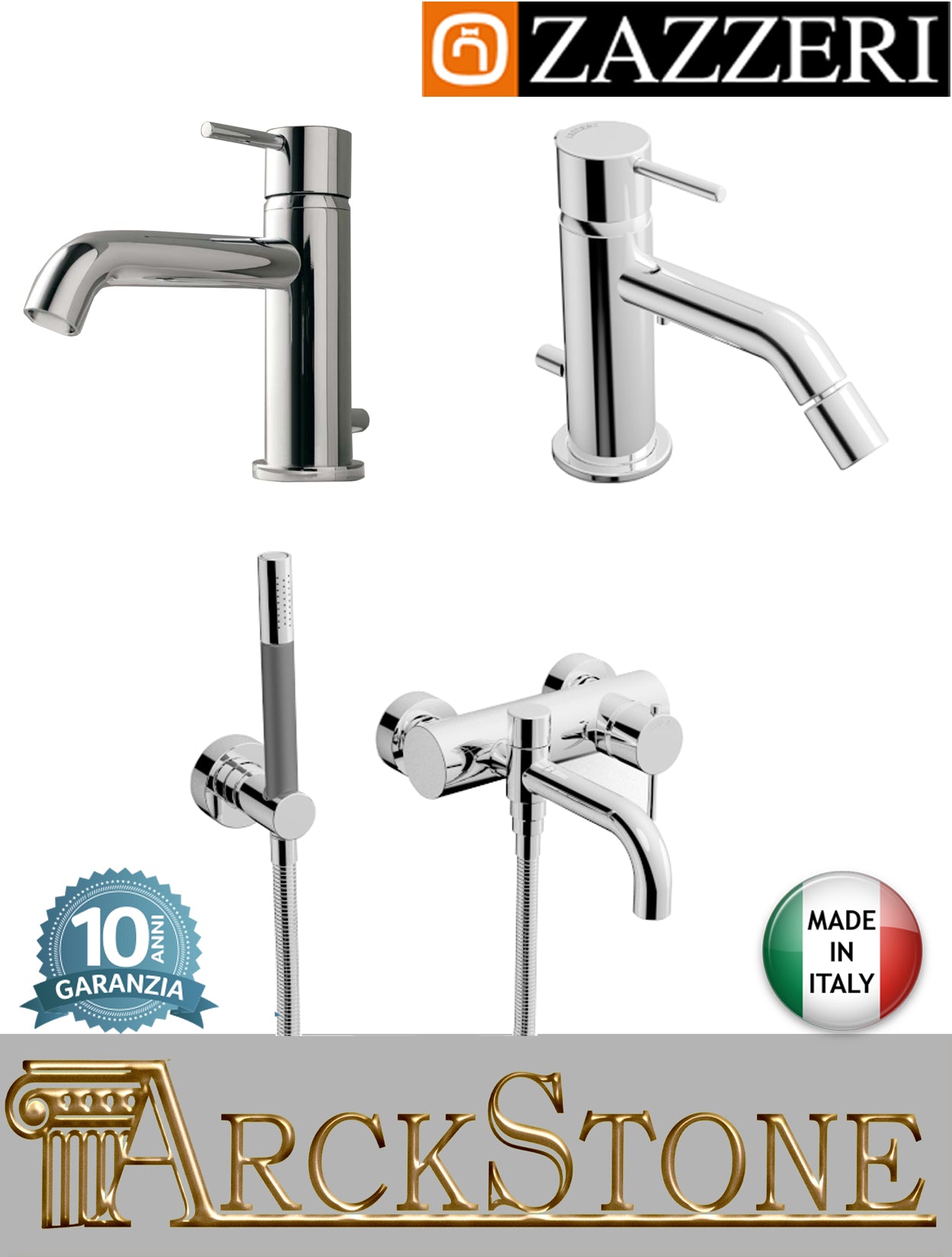 Rubinetteria bagno completa marca Zazzeri modello Modo 7 finitura ottone cromato miscelatore lavabo 130 mm bidet vasca appoggio monoforo parete esterno rubinetto doccetta flessibile attacco muro piletta scarico mix fontana garanzia 10 anni
