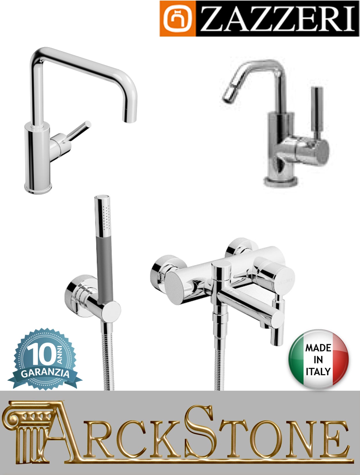 Rubinetteria bagno completa marca Zazzeri modello Da-Da 7 Mono finitura ottone cromato miscelatore lavabo bidet vasca appoggio monoforo parete esterno arredo mix rubinetto collo girevole quadro completo piletta fontana garanzia 10 anni made in ita