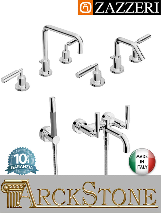 Rubinetteria bagno completa Zazzeri Da-Da 3 47020102A00+47020203A00+47020401A00 CRCR finitura ottone cromato miscelatore lavabo bidet vasca tre fori appoggio collo girevole vitone ceramico 90° piletta parete esterno doccetta attacco muro deviatore