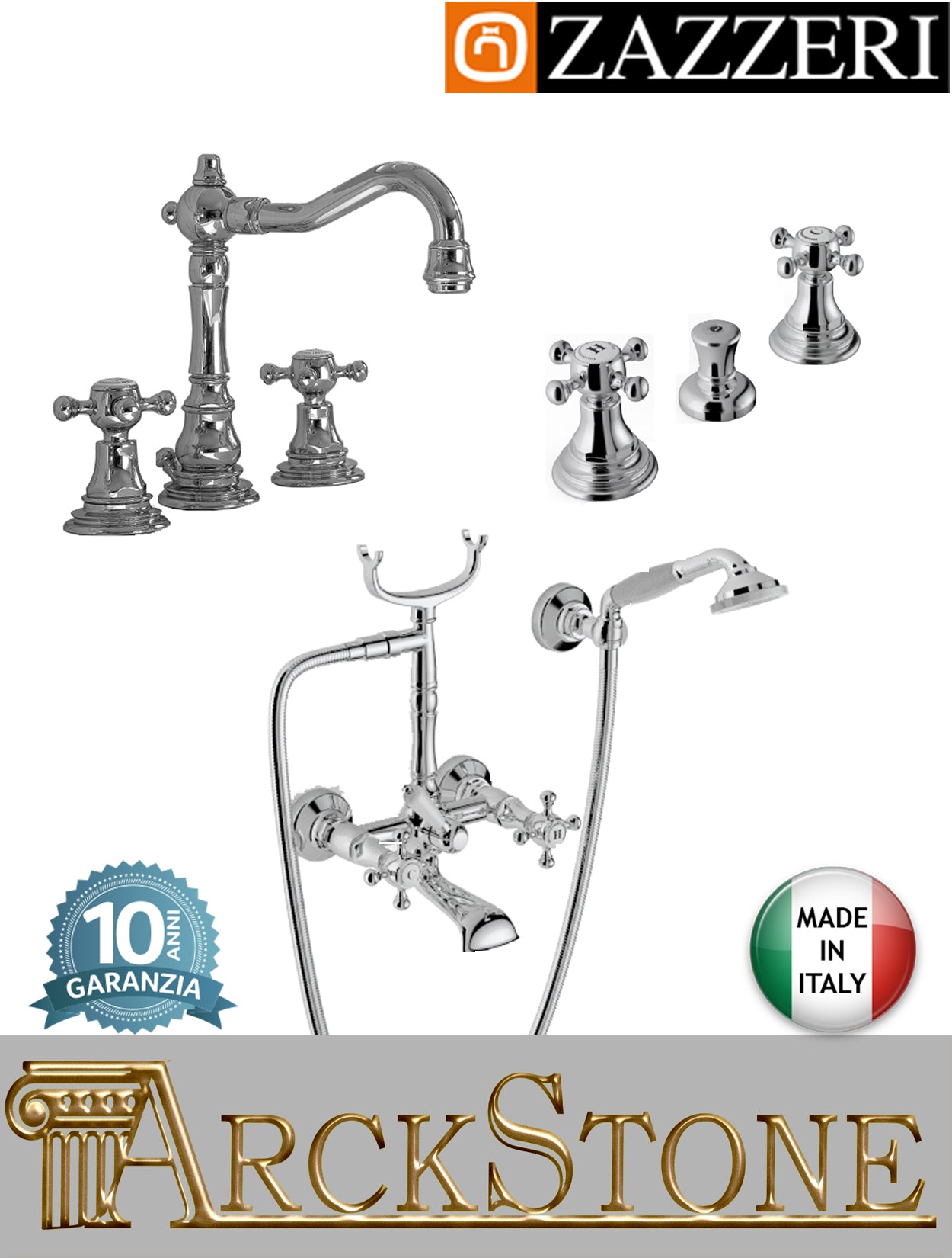 Rubinetteria bagno completa Zazzeri Kent 55000102A00+55000201A00+55000401A00 CRCR ottone cromato miscelatore lavabo bidet vasca tre fori appoggio collo girevole quadro vitone tradizionale mix piletta scarico parete esterno doccetta attacco muro deviatore