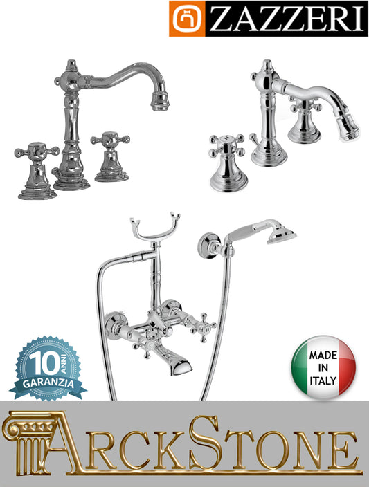Rubinetteria bagno completa Zazzeri Kent finitura ottone cromato miscelatore lavabo bidet vasca tre fori appoggio collo girevole quadro vitone tradizionale mix piletta scarico parete esterno doccetta flessibile attacco muro deviatore acqua