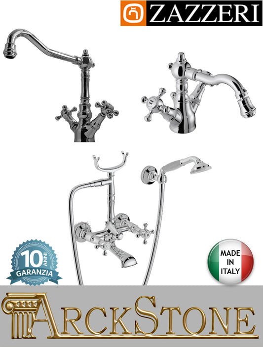 Rubinetteria bagno completa marca Zazzeri modello Kent finitura ottone cromato miscelatore lavabo bidet vasca monoforo appoggio collo girevole vitone tradizionale mix piletta scarico parete esterno doccetta flessibile attacco muro deviatore acqua
