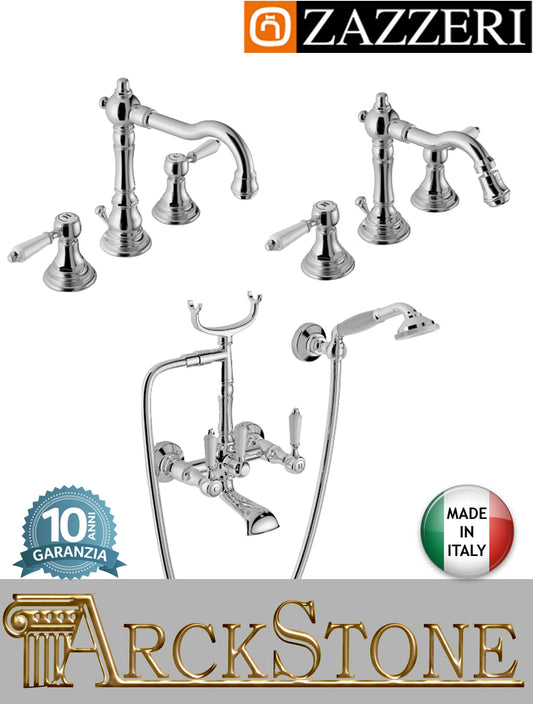 Rubinetteria bagno completa marca Zazzeri modello Kent 3 finitura ottone cromato miscelatore lavabo bidet vasca tre fori appoggio collo girevole quadro vitone ceramico 90° mix piletta scarico parete esterno doccetta flessibile attacco muro leva porcellana
