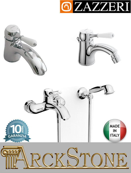 Rubinetteria bagno completa marca Zazzeri modello 902 finitura ottone cromato miscelatore lavabo bidet vasca monoforo appoggio mix piletta scarico parete esterno doccetta acqua flessibile attacco muro leva bianca garanzia 10 anni qualità made in italy