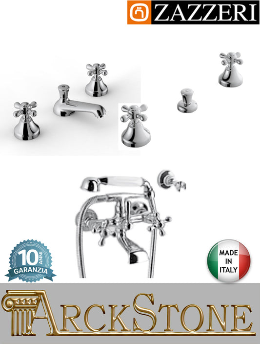 Rubinetteria bagno completa Zazzeri 800 20000100A00+20000201A00+20000401A00 CRCR finitura ottone cromato miscelatore lavabo bidet vasca tre fori appoggio vitone tradizionale piletta scarico parete esterno doccetta flessibile attacco muro acqua