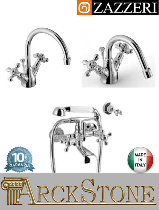 Rubinetteria bagno completa marca Zazzeri modello 800 finitura ottone cromato miscelatore lavabo bidet vasca monoforo appoggio vitone tradizionale piletta scarico collo girevole parete esterno doccetta flessibile attacco muro acqua garanzia 10 anni