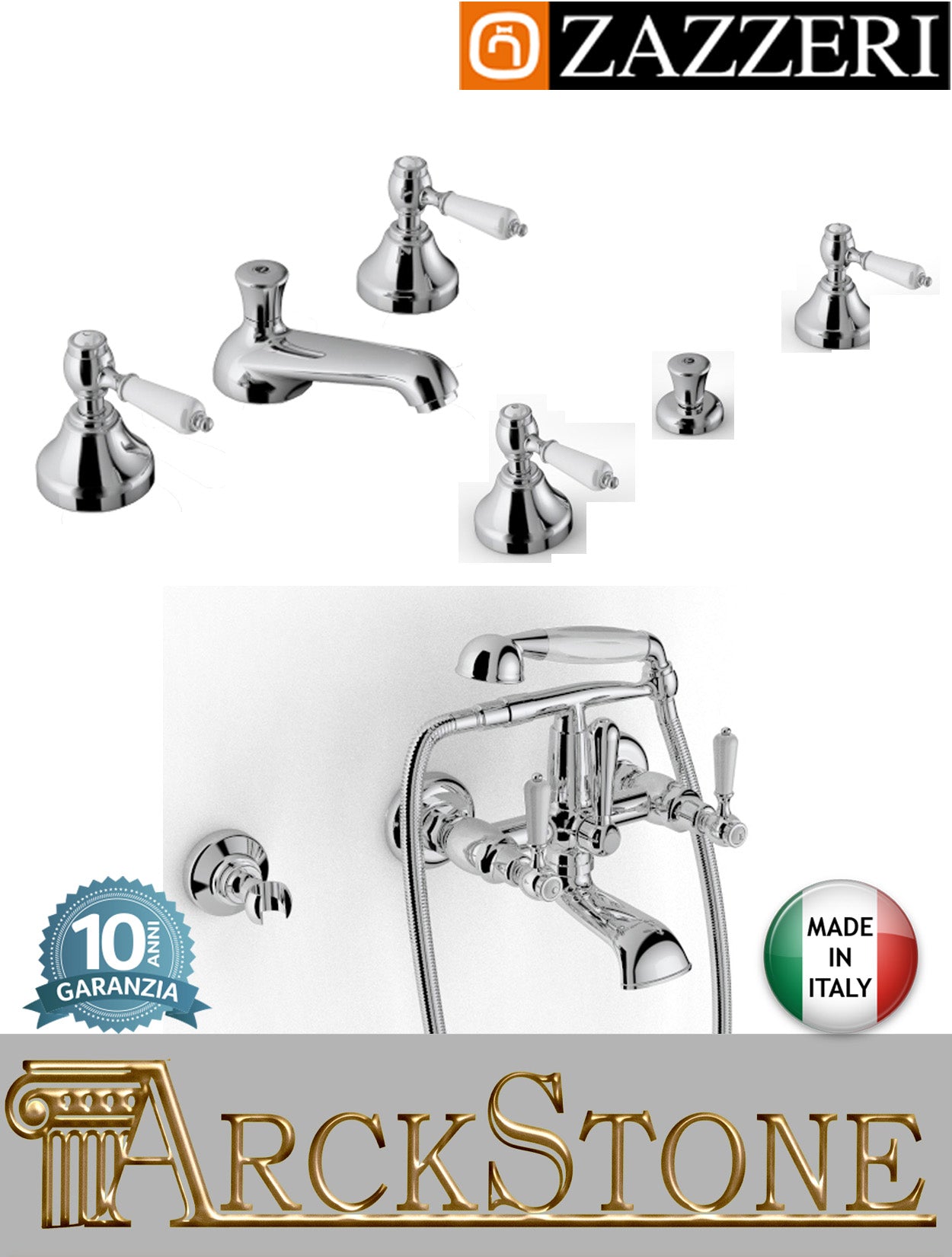 Rubinetteria bagno completa Zazzeri 803 20030100A00+20030201A00+20030401A00 CRCR ottone cromato miscelatore lavabo bidet vasca tre fori appoggio vitone ceramico 90° piletta scarico mix leva porcellana parete esterno doccetta flessibile attacco muro