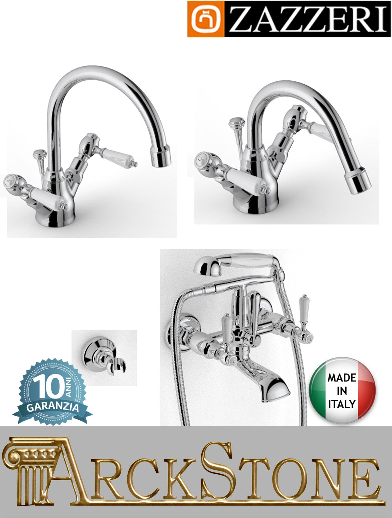 Rubinetteria bagno completa marca Zazzeri modello 803 finitura ottone cromato miscelatore lavabo bidet vasca monoforo appoggio vitone ceramico 90° piletta scarico mix leva porcellana collo girevole parete esterno doccetta flessibile attacco muro