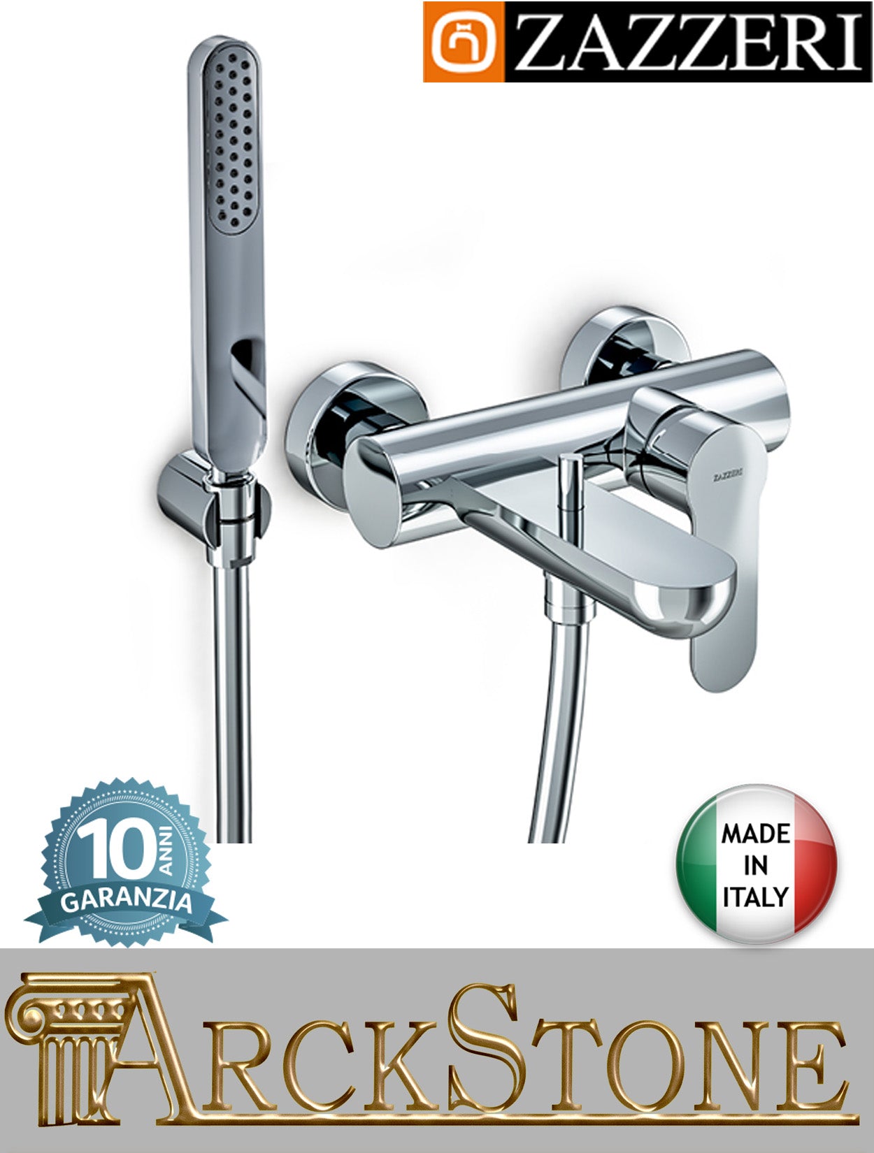 Miscelatore vasca marca Zazzeri modello Ultra finitura ottone cromato completo doccetta flessibile supporto rubinetto rubinetteria fontana mix parete esterno mix muro bagno garanzia 10 anni qualità made in italy