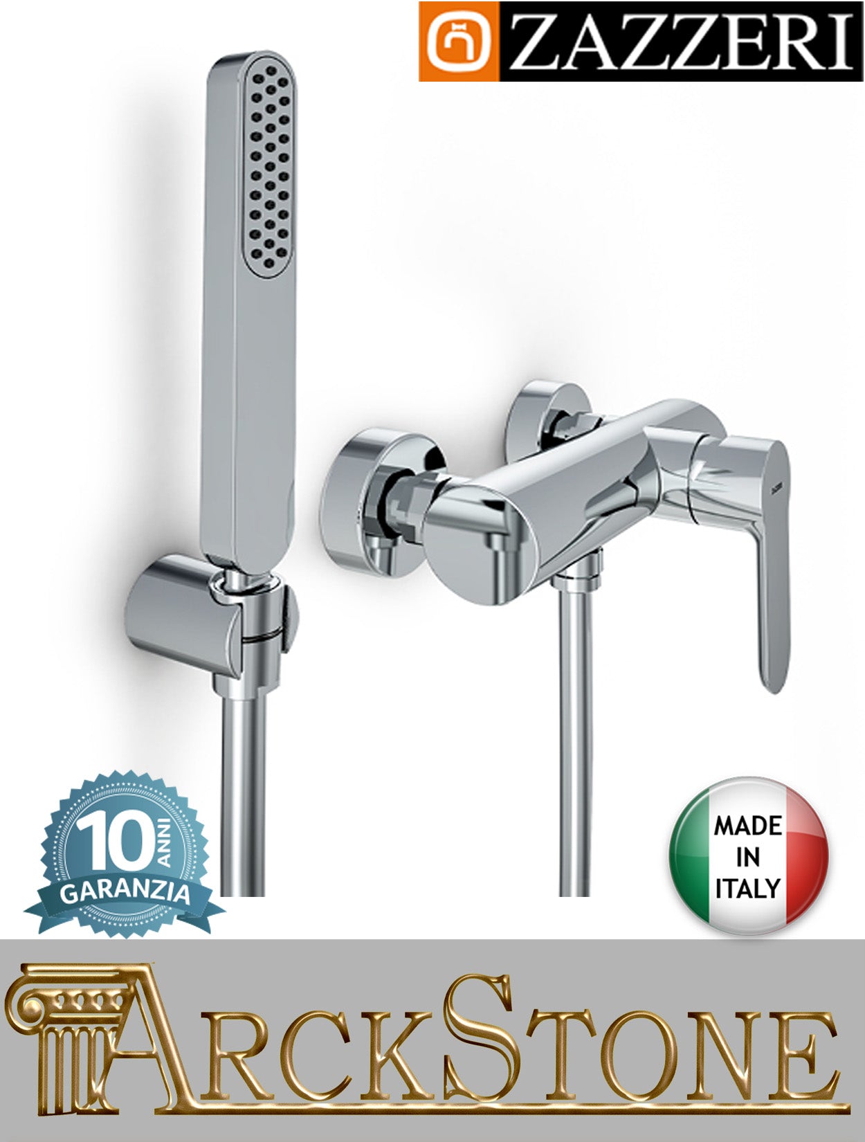 Miscelatore doccia marca Zazzeri modello Ultra finitura ottone cromato completo doccetta flessibile supporto rubinetto rubinetteria fontana mix parete esterno mix muro bagno garanzia 10 anni qualità made in italy