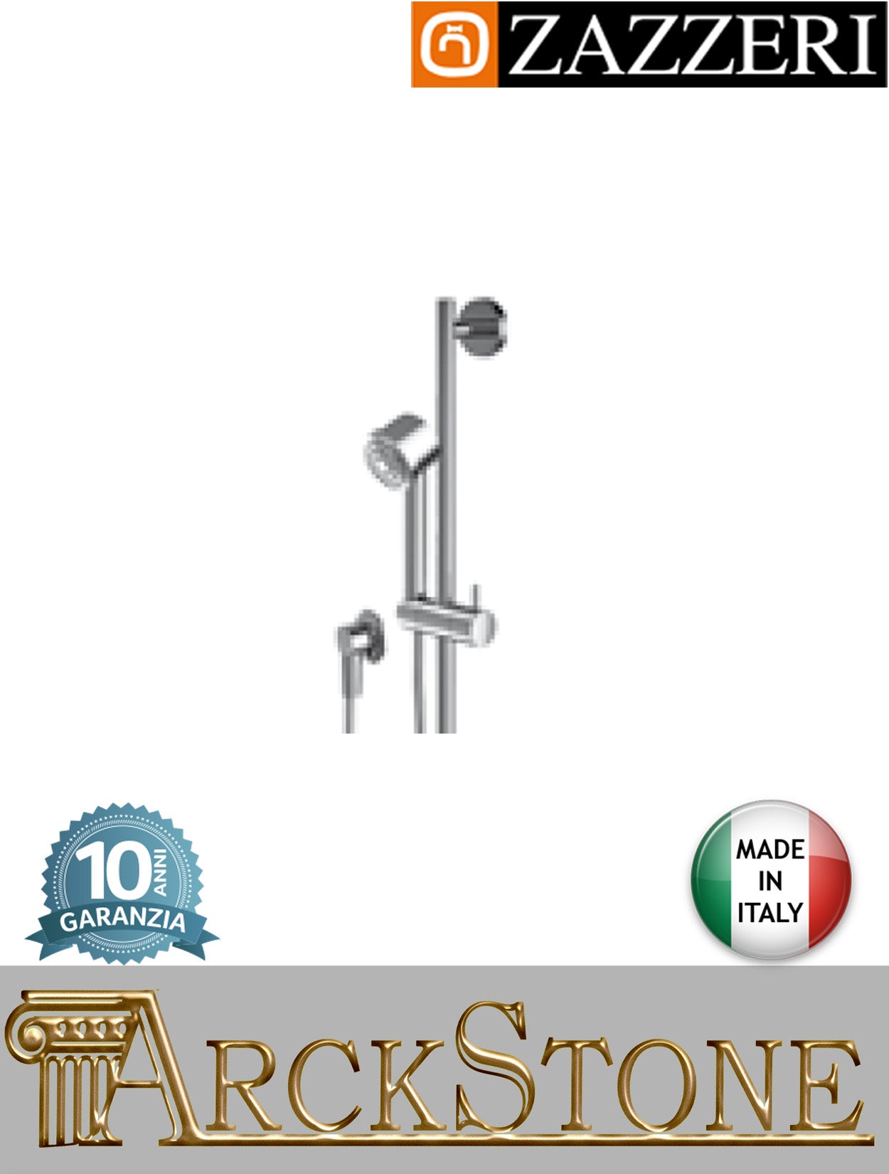 Asta saliscendi marca Zazzeri modello Ultra finitura ottone cromato completo set doccia doccetta Ø70 mm anticalcare presa acqua muro rubinetteria attacco supporto arredo bagno garanzia 10 anni qualità made in italy