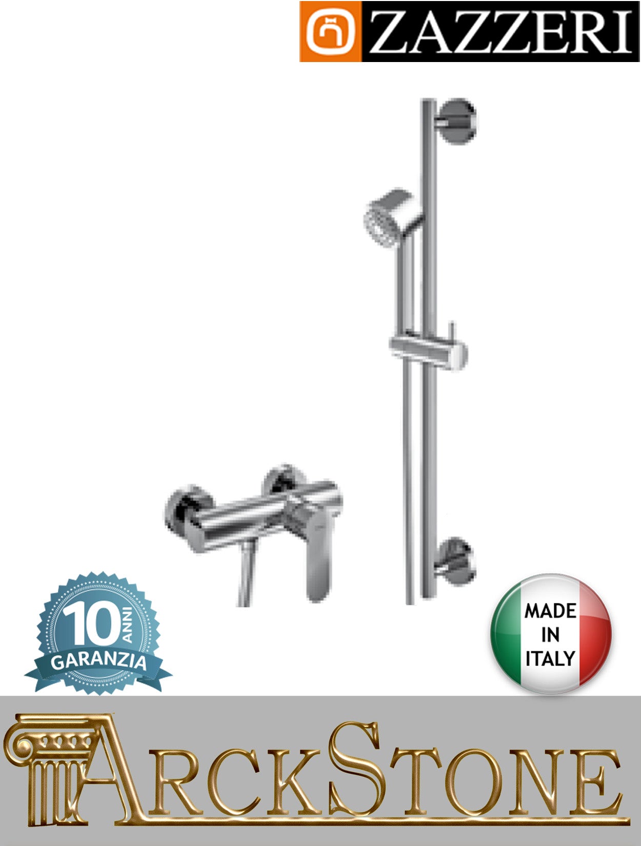 Miscelatore doccia asta saliscendi marca Zazzeri modello Ultra finitura ottone cromato parete completo doccetta Ø70 mm anticalcare esterno muro arredo bagno cromo casa acquagaranzia 10 anni qualità made in italy