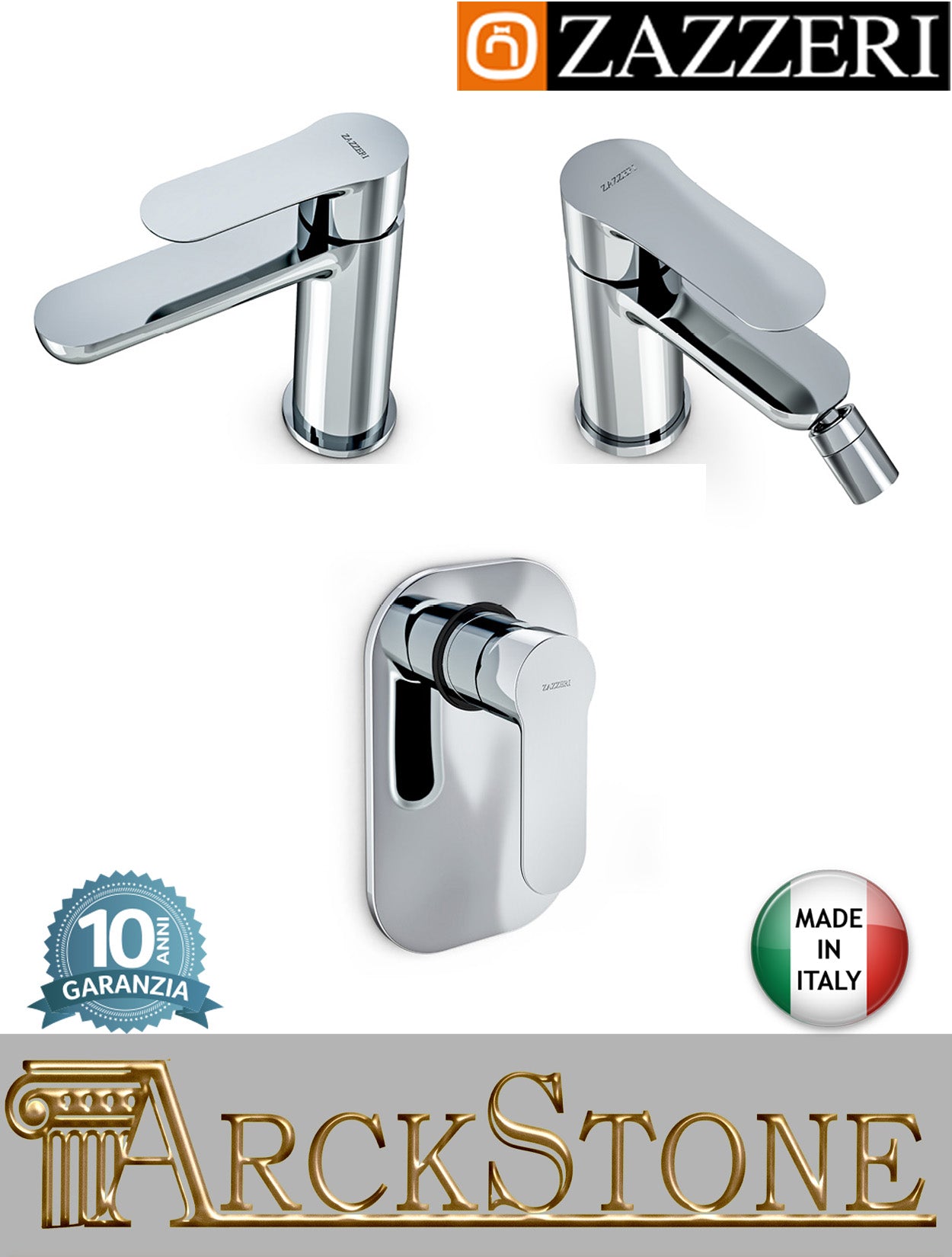 Rubinetteria completa marca Zazzeri modello Ultra finitura ottone cromato miscelatore lavabo bidet doccia appoggio monoforo parete incasso muro piletta scarico comando pressione libero rubinetto fontana mix acqua bagno cromo garanzia 10 anni