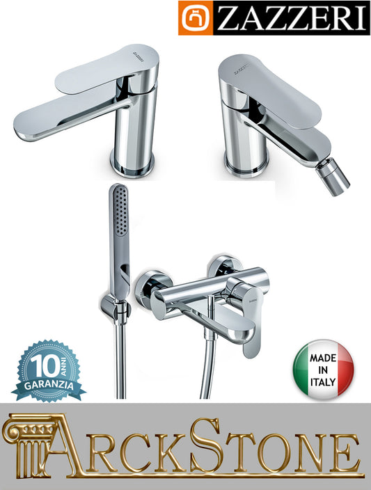 Rubinetteria bagno completa marca Zazzeri modello Ultra finitura ottone cromato miscelatore lavabo bidet vasca appoggio monoforo parete esterno piletta scarico comando pressione doccetta flessibile supporto cromo rubinetto fontana acqua mix bagno