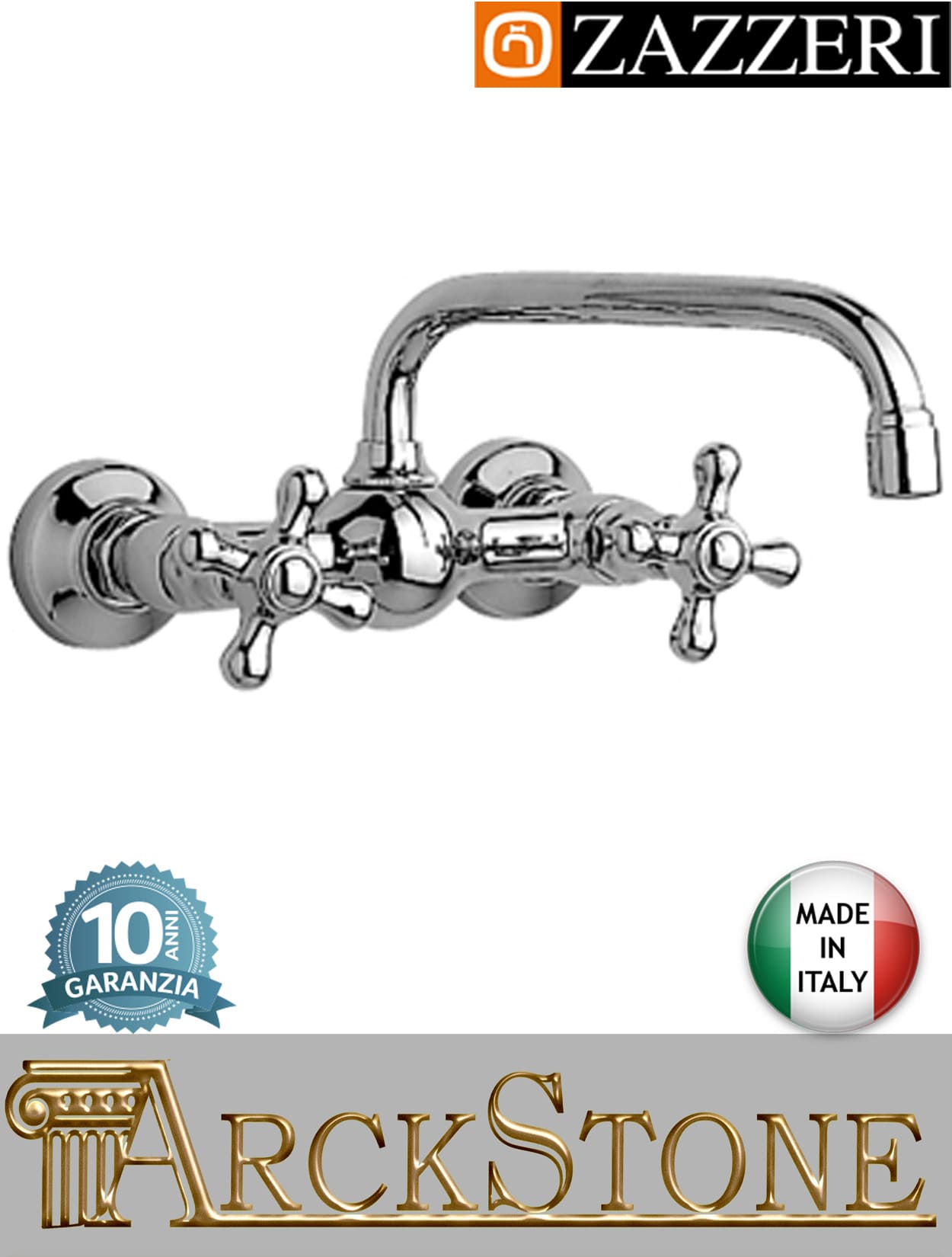 Miscelatore lavello marca Zazzeri modello 802 finitura ottone cromato parete vitone ceramico 180° collo girevole due fori muro rubinetto rubinetteria fontana mix cucina acqua garanzia 10 anni qualità made in italy
