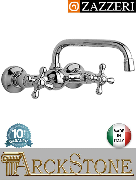 Miscelatore lavello marca Zazzeri modello 802 finitura ottone cromato parete vitone ceramico 180° collo girevole due fori muro rubinetto rubinetteria fontana mix cucina acqua garanzia 10 anni qualità made in italy