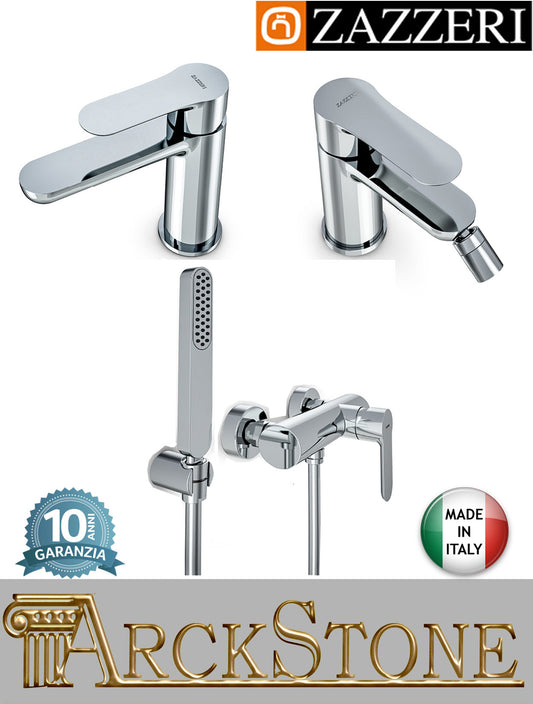 Rubinetteria completa marca Zazzeri modello Ultra finitura ottone cromato miscelatore lavabo bidet doccia appoggio monoforo parete esterno muro piletta scarico comando pressione doccetta flessibile supporto cromo rubinetto fontana acqua mix bagno