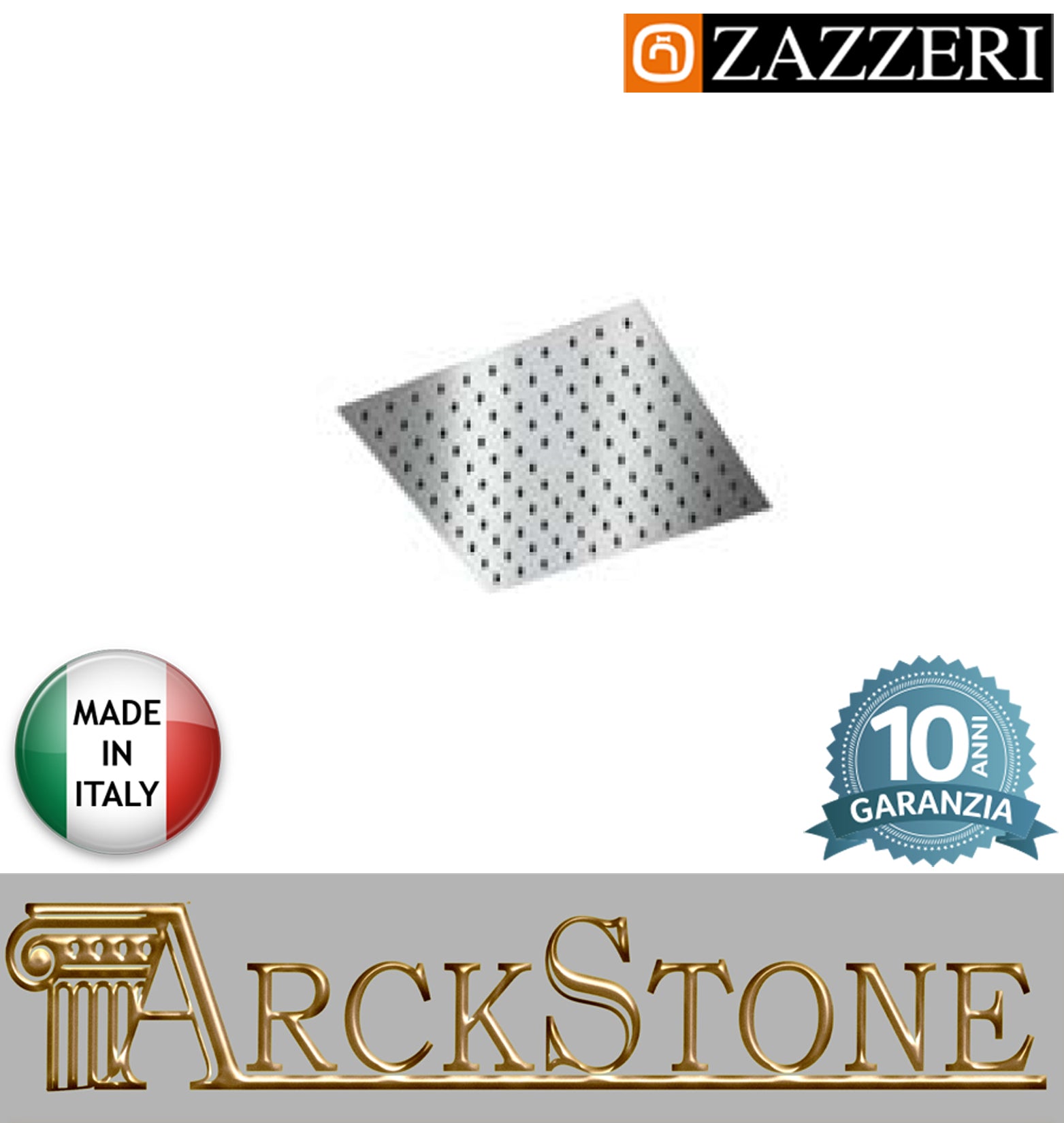 Soffione doccia marca casa Zazzeri modello Qquadro acciaio inox light quadro 250x250 mm finitura lucido arredamento bagno soffitto parete muro anticalcare garanzia 10 anni azienda certificata qualità made in italy