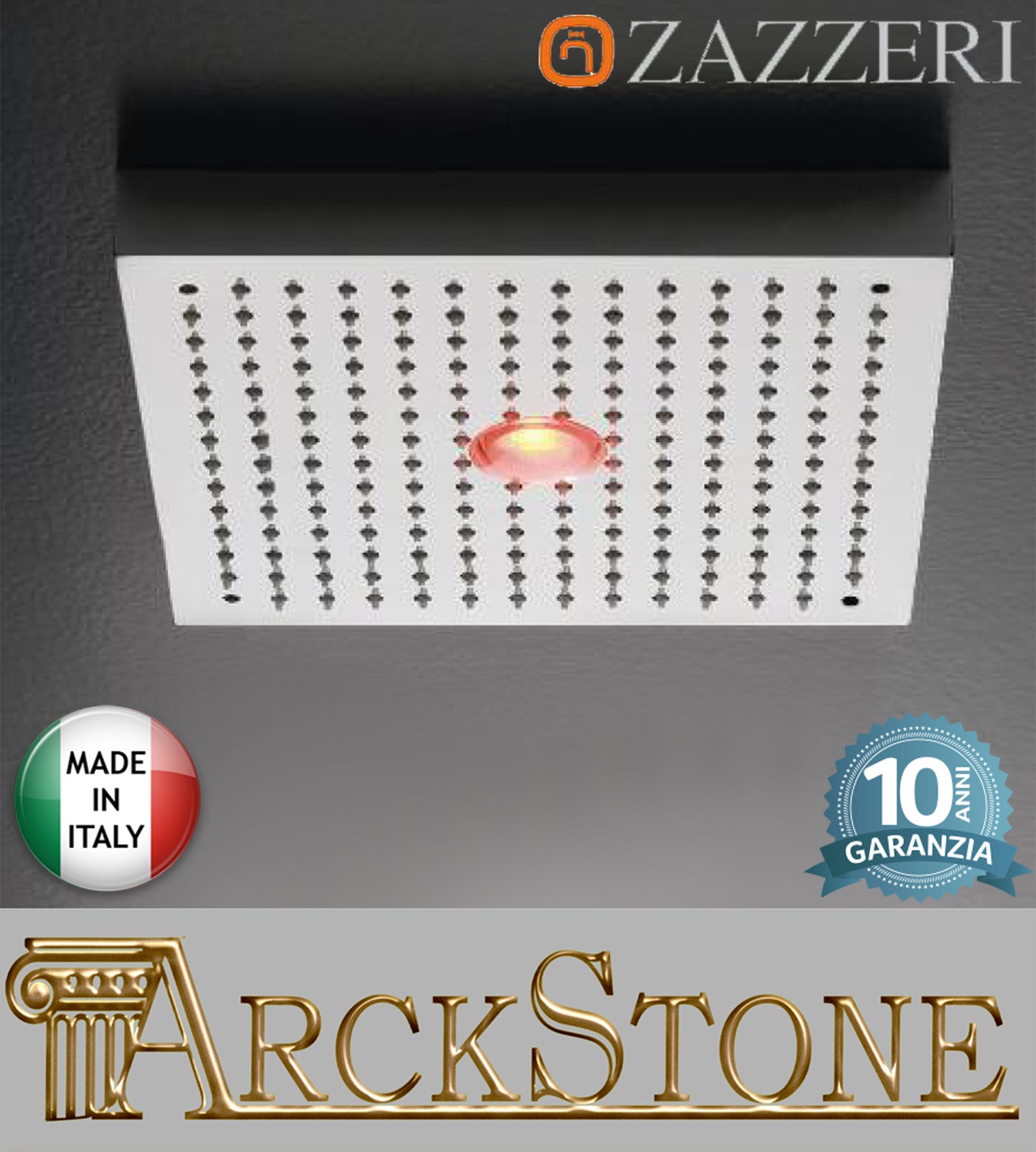 Marca Zazzeri Modello Shirò Soffione Doccia Quadro Incasso a Soffitto Acciaio Inox Lucido Pioggia Faretto LED RGB Cromo Cromoterapia Terapia Anticalcare Quadrato Misura 250x250 mm Garanzia 10 anni Qualità made in italy 