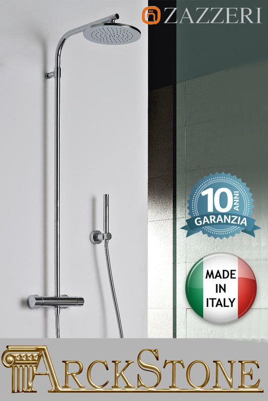 Colonna doccia marca Zazzeri modello Showers miscelatore termostatico soffione anticalcare ispezionabile tondo Ø220 mm doccetta finitura cromato parete bagno garanzia 10 anni azienda certificata qualità made in italy