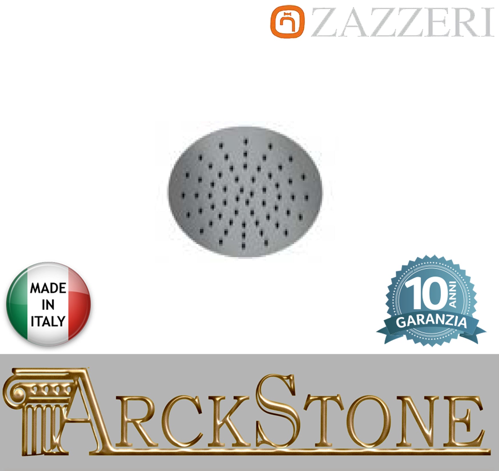 Soffione doccia marca casa Zazzeri modello Shower Unix acciaio inox light Lucido tondo Ø200 mm rotondo arredamento bagno soffitto parete muro anticalcare garanzia 10 anni azienda certificata qualità made in italy