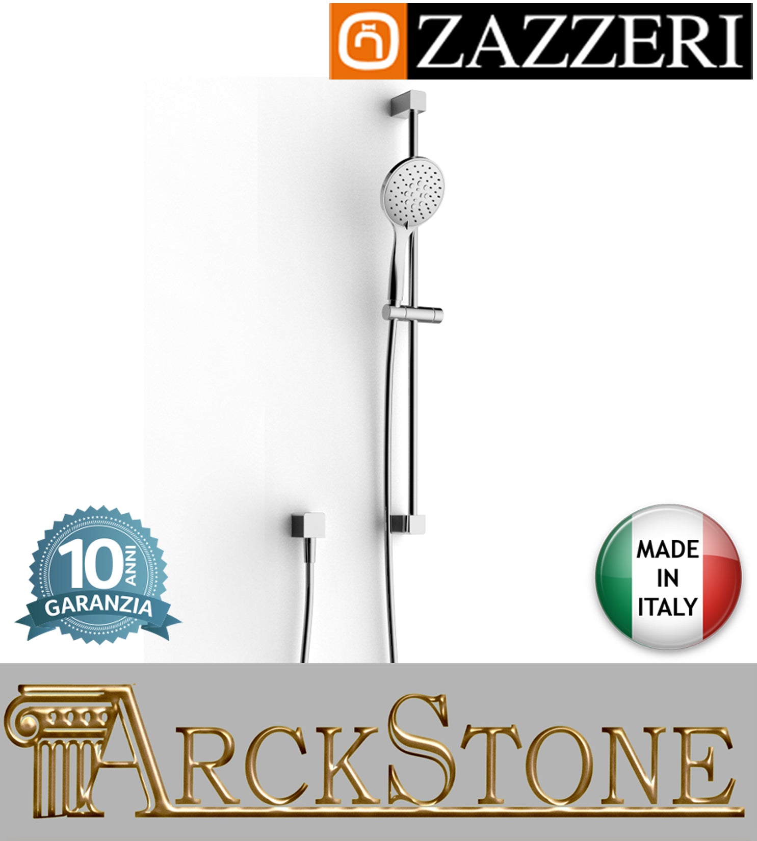 Asta saliscendi marca Zazzeri modello Qquadro doccetta Ø100mm anticalcare presa acqua muro finitura ottone cromato parete flessibile rubinetteria arredamento arredo bagno cromo garanzia 10 anni qualità made in italy