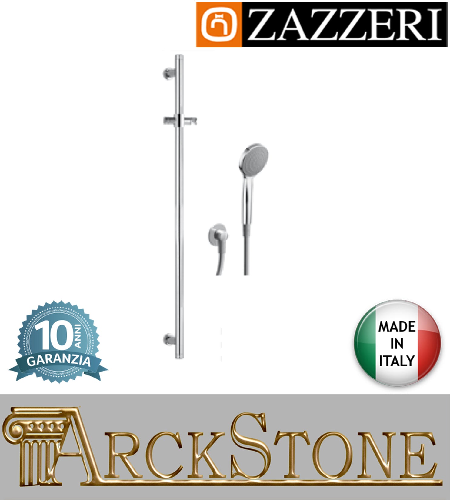 Asta saliscendi marca Zazzeri modello Qquadro doccetta Ø100mm anticalcare muro finitura ottone cromato parete flessibile rubinetteria arredamento rubinetto arredo bagno cromo garanzia 10 anni qualità made in italy