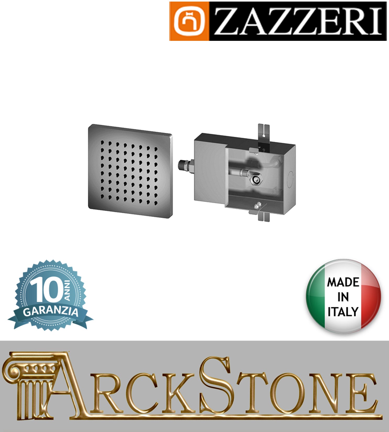 Soffione doccia quadro marca Zazzeri modello Qquadro parete 150x150 mm Flyfall acciaio inox finitura Lucido anticalcare rubinetteria arredamento bagno casa garanzia 10 anni azienda certificata qualità made in italy