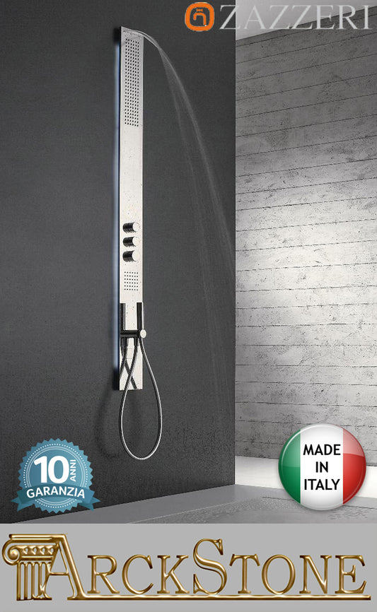 Colonna doccia multifunzione attrezzata acciaio Lucido marca Zazzeri modello Obliqua idromassaggio idro quattro uscite Flyfall incasso miscelatore rubinetto termostatica soffione piano anticalcare cascata bagno doccetta flessibile getti 