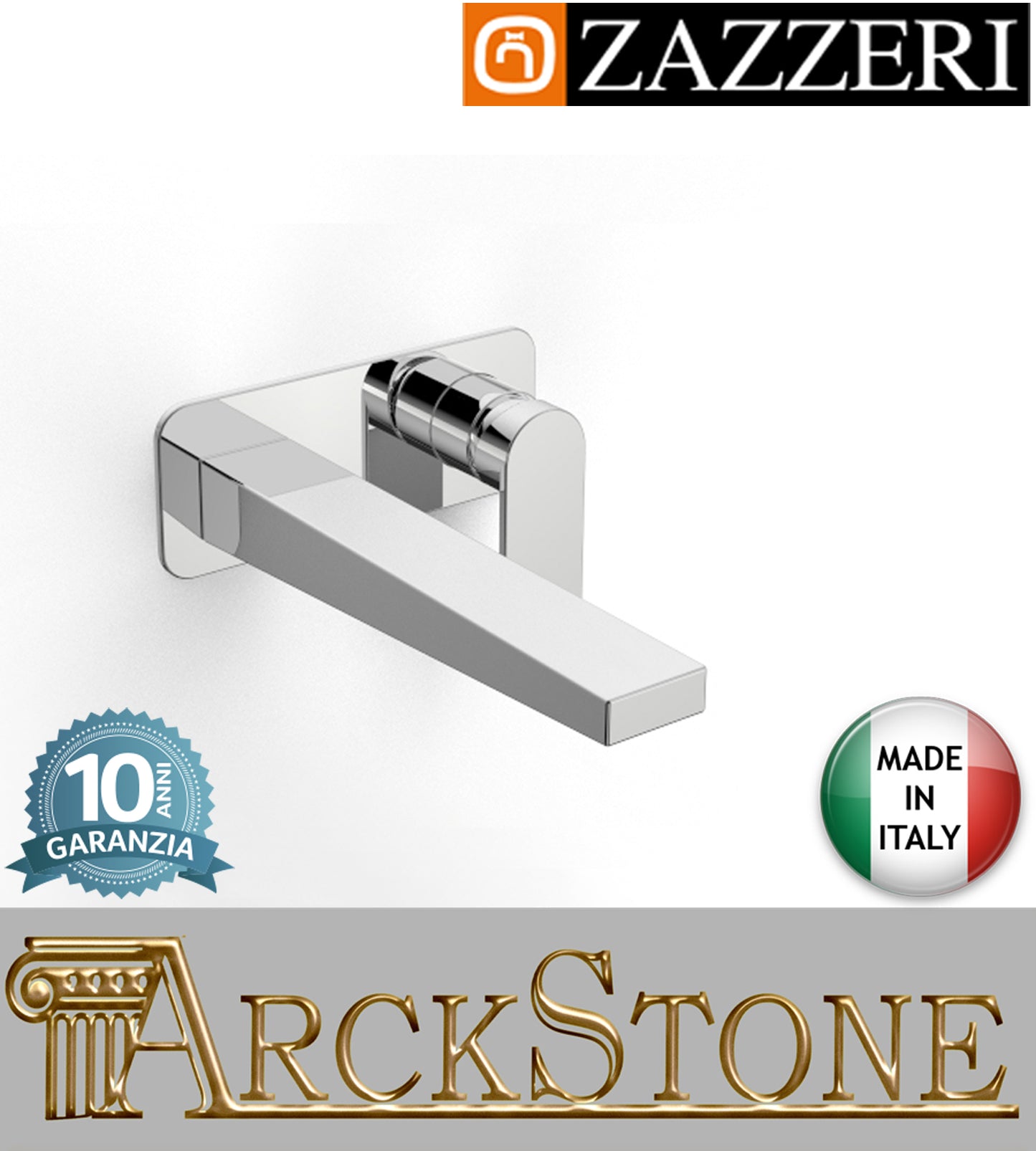 Miscelatore lavabo getto 250mm marca Zazzeri modello 100 incasso completo parete finitura ottone cromato rubinetto rubinetteria cromo arredamento fontana casa muro arredo bagno garanzia 10 anni qualità made in italy