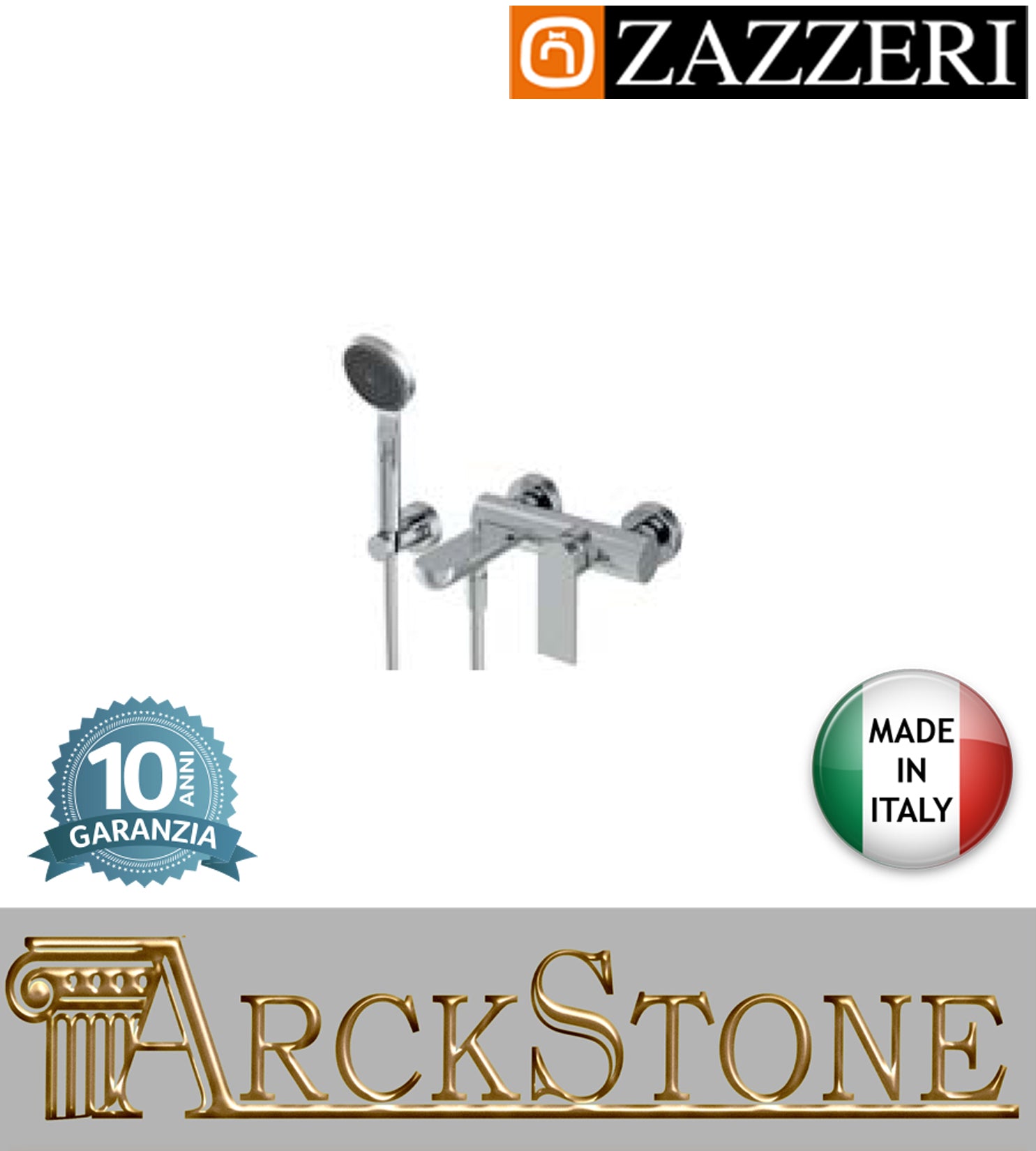 Miscelatore vasca marca Zazzeri modello 100 esterno doccetta flessibile finitura ottone cromato rubinetto rubinetteria areatore parete arredo bagno muro casa acqua home garanzia 10 anni qualità made in italy