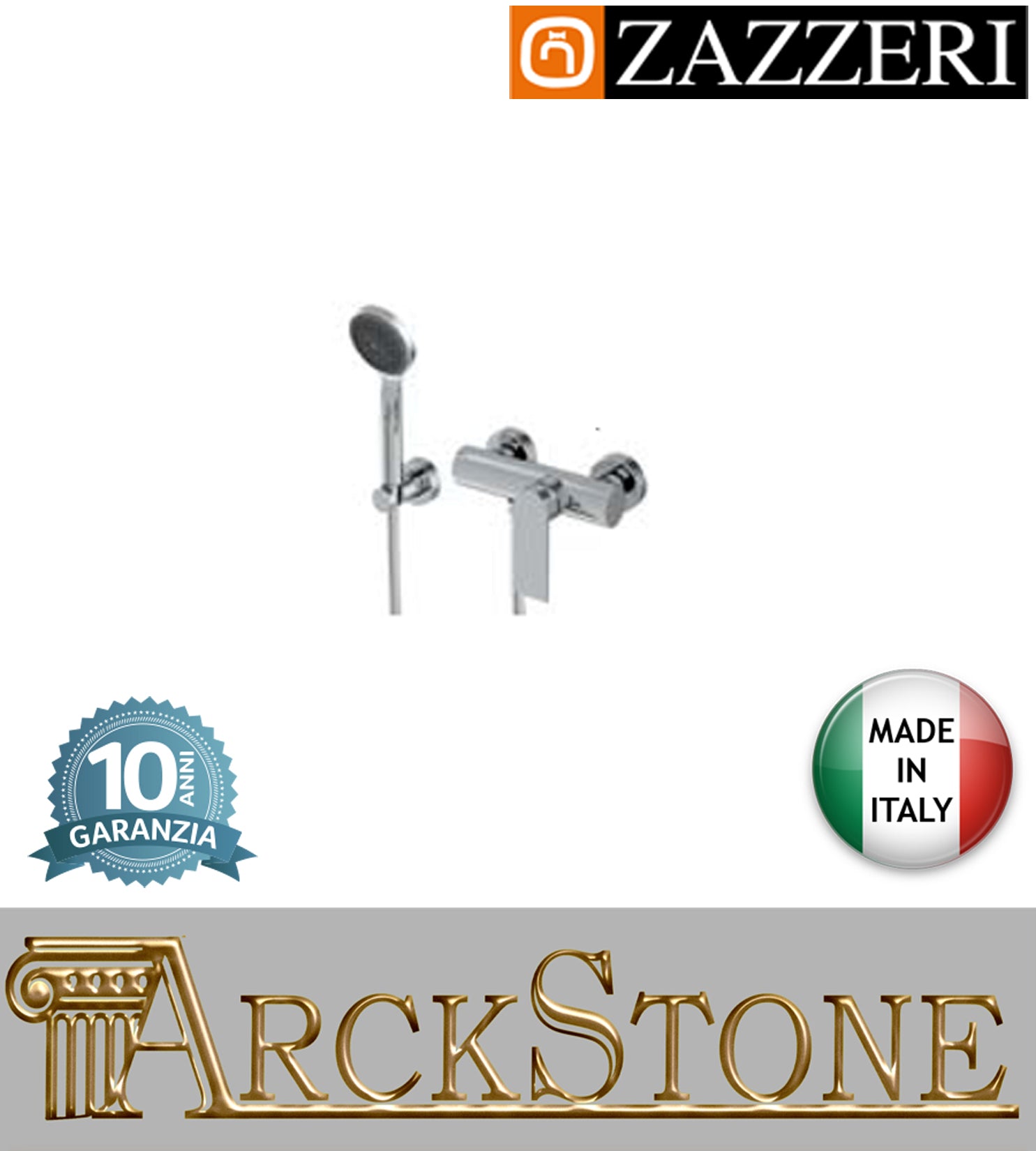 Miscelatore doccia marca Zazzeri modello 100 esterno finitura ottone cromato parete doccetta flessibile rubinetto completo rubinetteria cromo arredamento arredo bagno muro garanzia 10 anni qualità made in italy