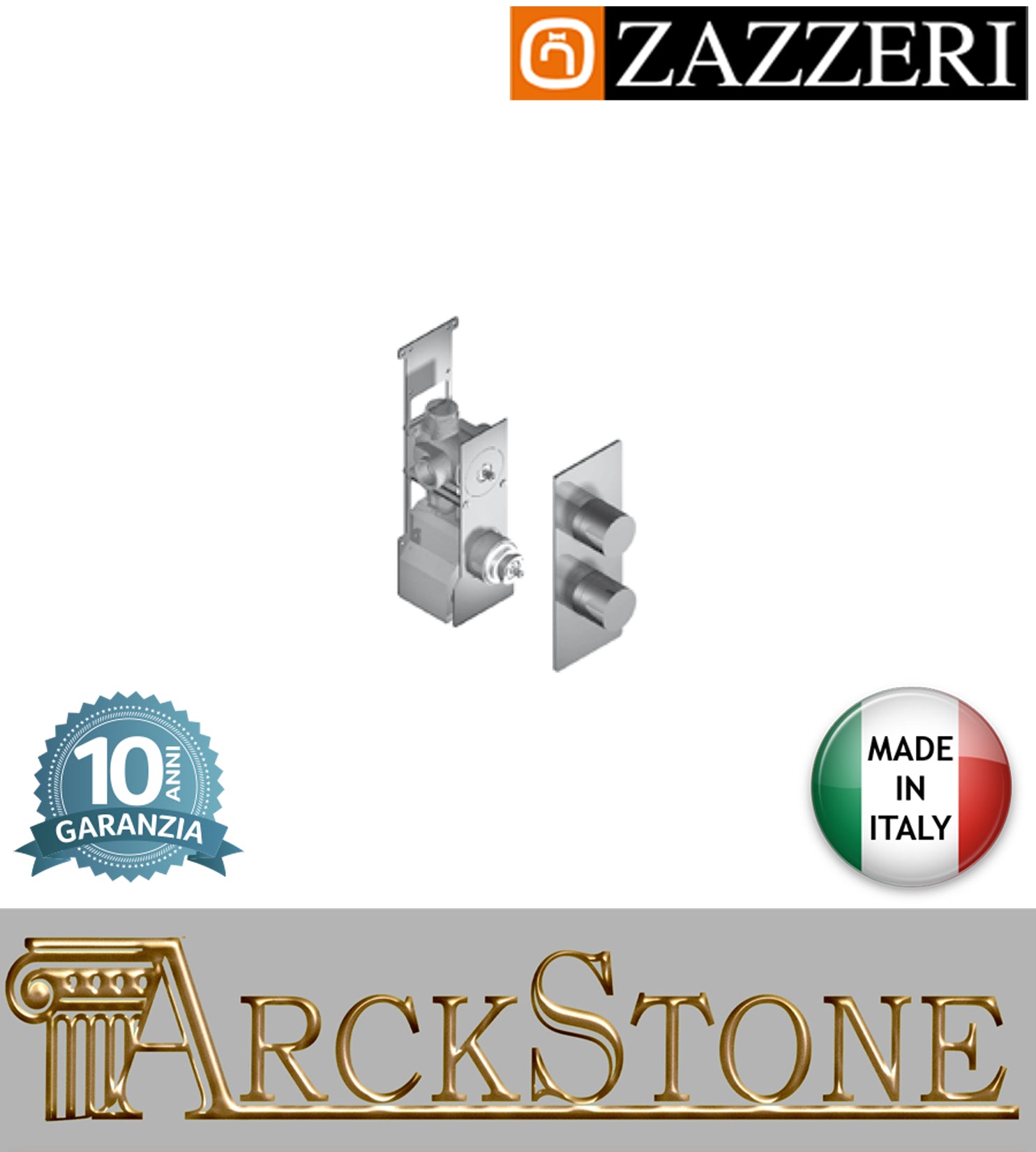 Gruppo doccia marca Zazzeri modello 100 miscelatore termostatico SMART COMPATTO incasso 2 uscite completo finitura ottone cromato rubinetteria cromo rubinetto arredamento arredo bagno garanzia 10 anni made in italy 