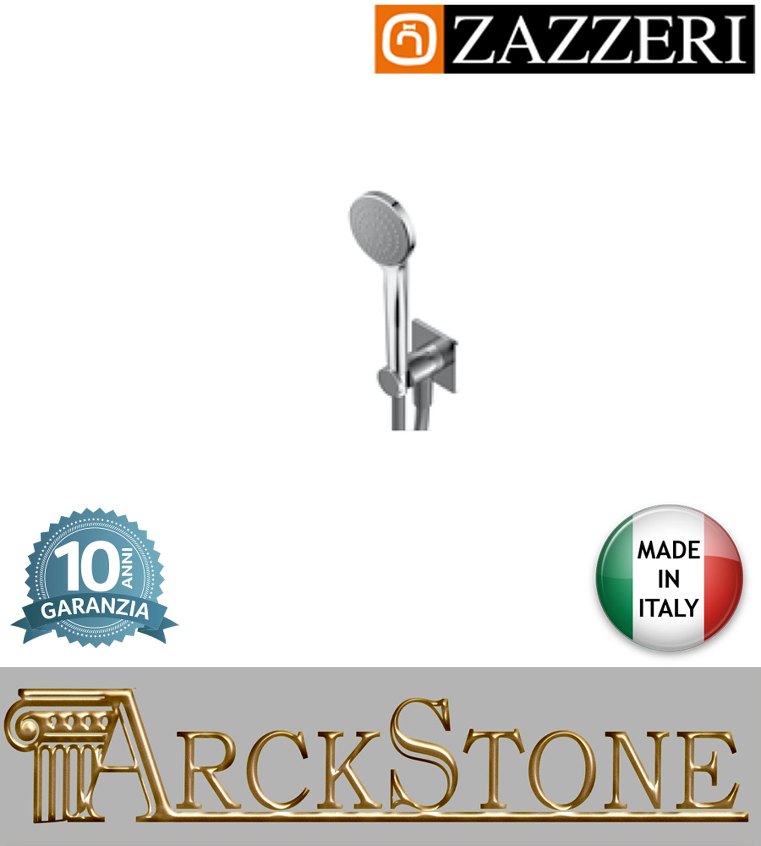 Set doccia Ø100 mm marca Zazzeri modello 100 finitura ottone cromato anticalcare presa acqua muro supporto flessibile PVC cromo rubinetteria arredamento casa acqua arredo bagno garanzia 10 anni qualità made in italy
