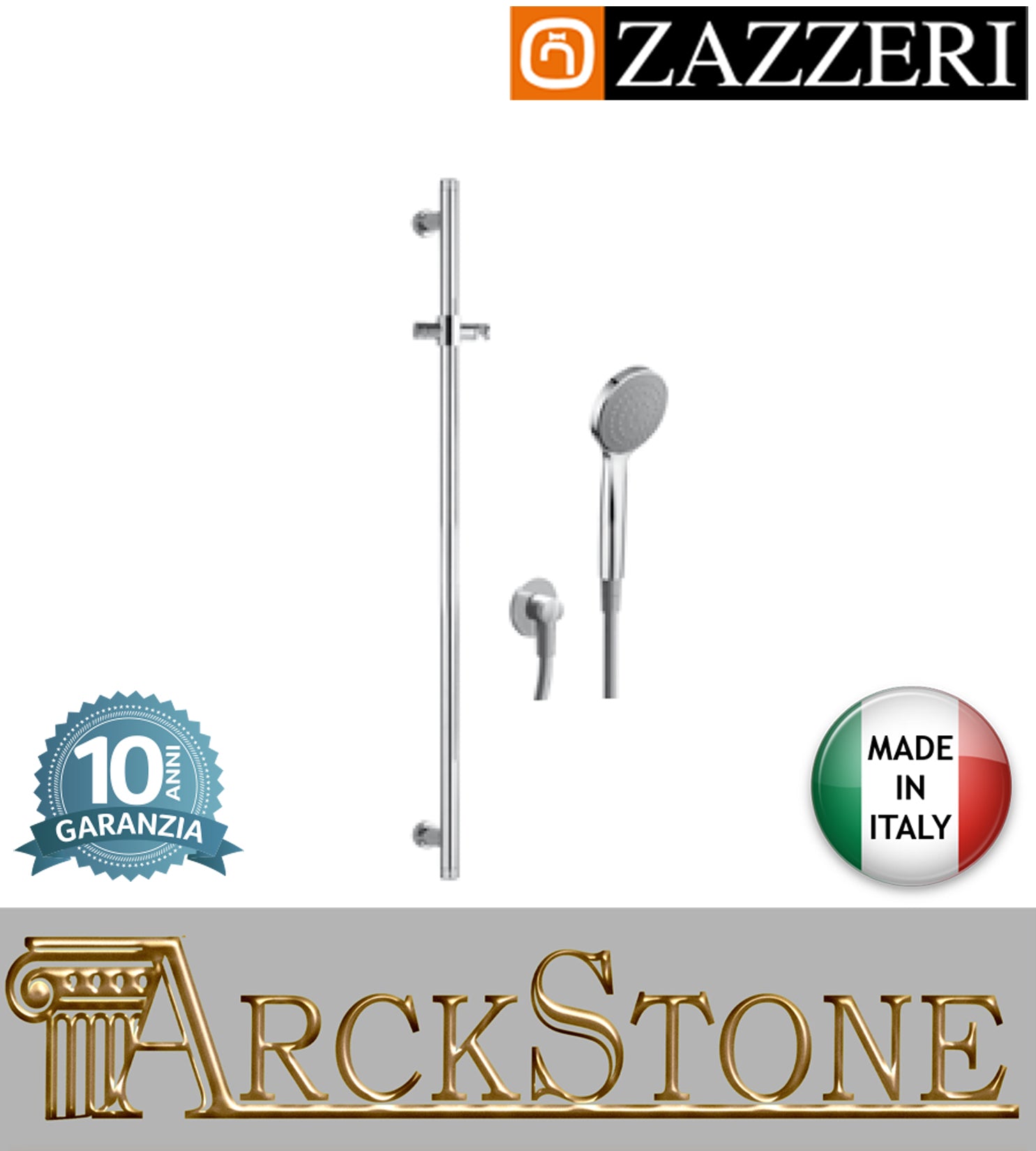 Asta saliscendi marca Zazzeri modello 100 finitura ottone cromato doccetta anticalcare presa acqua muro supporto flessibile PVC rubinetteria arredamento arredo bagno casa acqua garanzia 10 anni qualità made in italy