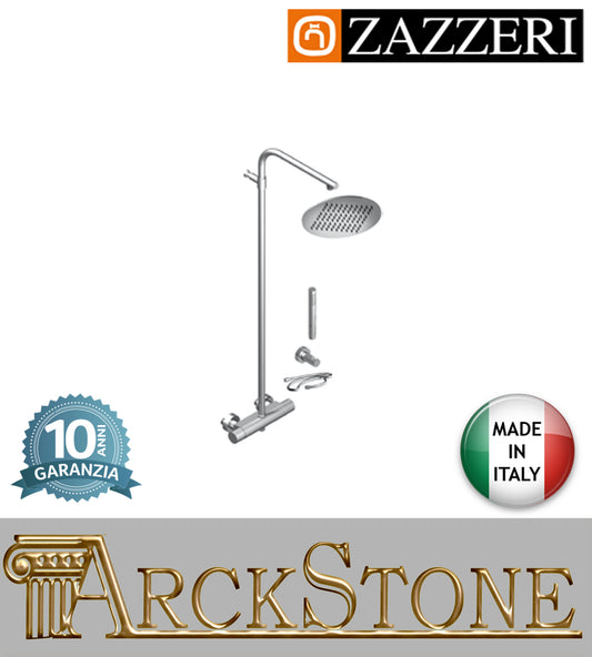 Colonna doccia marca Zazzeri modello 100 3600SO01A00+29001530AB0+68000412A00 CRCR finitura ottone cromato miscelatore termostatico parete anticalcare soffione tondo Ø200mm doccetta flessibile muro arredo bagno casa garanzia 10 anni qualità made in italy