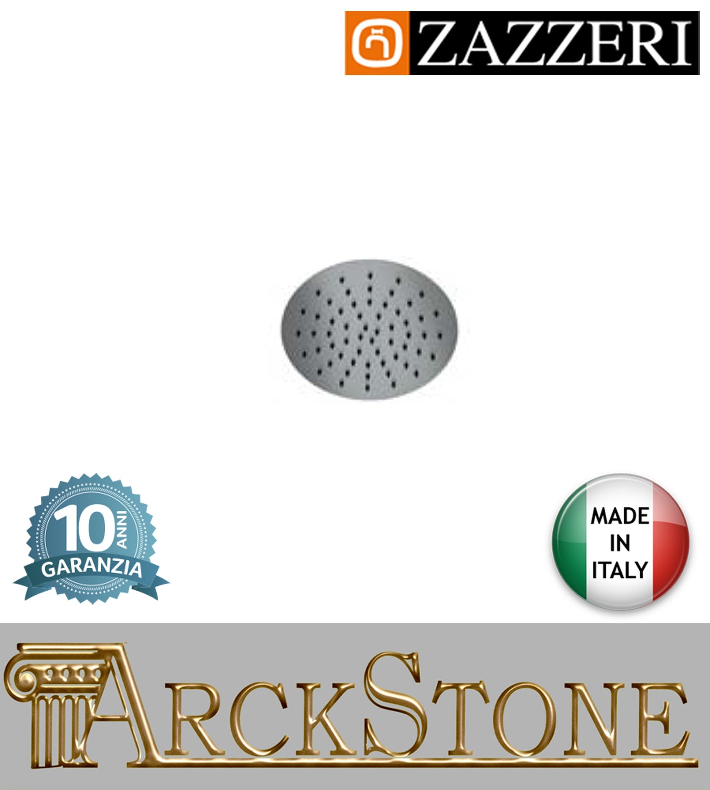 Soffione doccia Ø200mm marca Zazzeri modello 100 finitura acciaio inox light cromato parete anticalcare muro arredo bagno soffitto casa acqua home autorizzato fontana azienda certificata garanzia 10 anni qualità made in italy